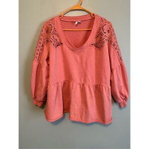 Cato Peplum Raw Hem Lace Detail Shoulder V Neck  Long Sleeve Top Size XL